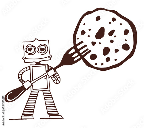 Funny robot with cookies and forks, black and white