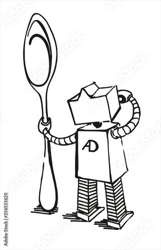 Funny robot with a tablespoon, black and white