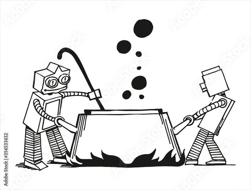 Funny robots, cooks, ready to eat on fire, black and white Funny robots, cooks, ready to eat on fire, black and white