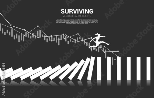 Silhouette of businesswoman jumping away on collapse domino. business concept of business disruption and domino effect