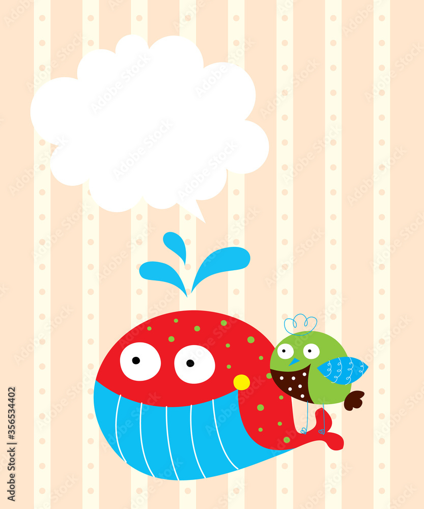 cute whale and bird greeting card vector