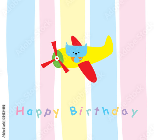 kitten cat with aeroplant happy birthday greeting card