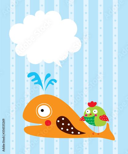 cute whale and bird greeting card vector