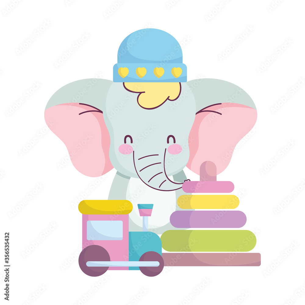 baby shower, cute elephant with hat train and pyramid toys cartoon, announce newborn welcome card
