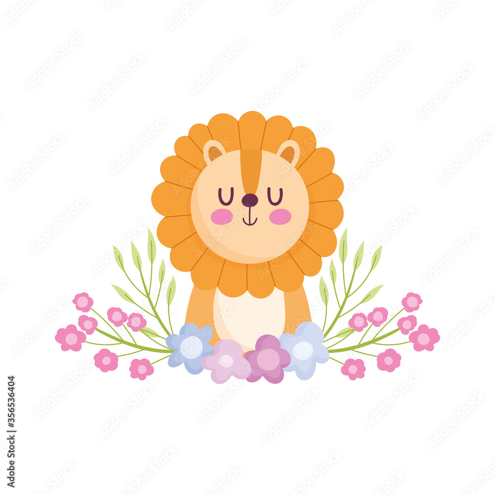 baby shower, cute lion with flowers cartoon, announce newborn welcome card