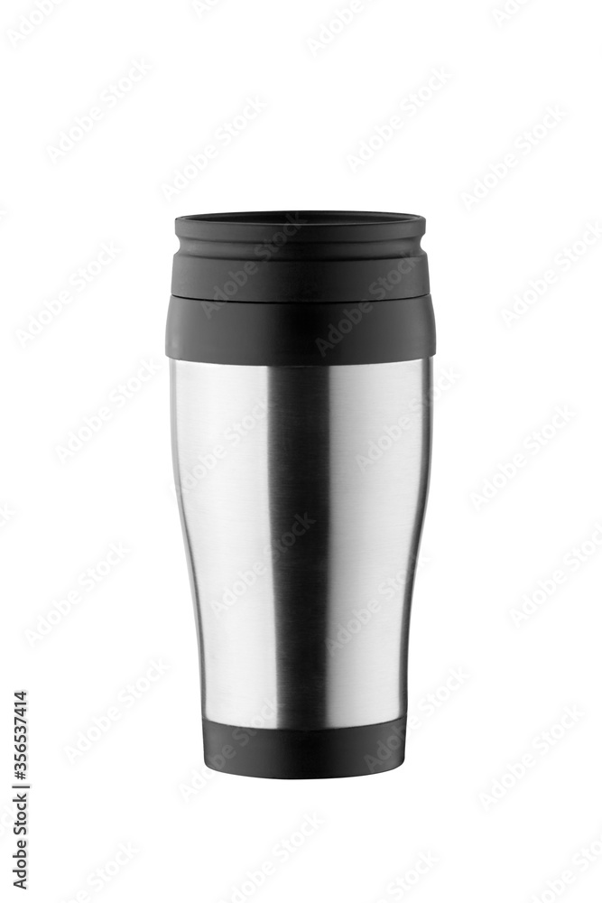 stainless steel coffee cup front view. thermal travel mug to drink hot beverage tea. isolated on a white background. blank for design. studio shot. stainless steel coffee cup front view. thermal travel mug to drink hot beverage tea. isolated on a white background. blank for design. studio shot.