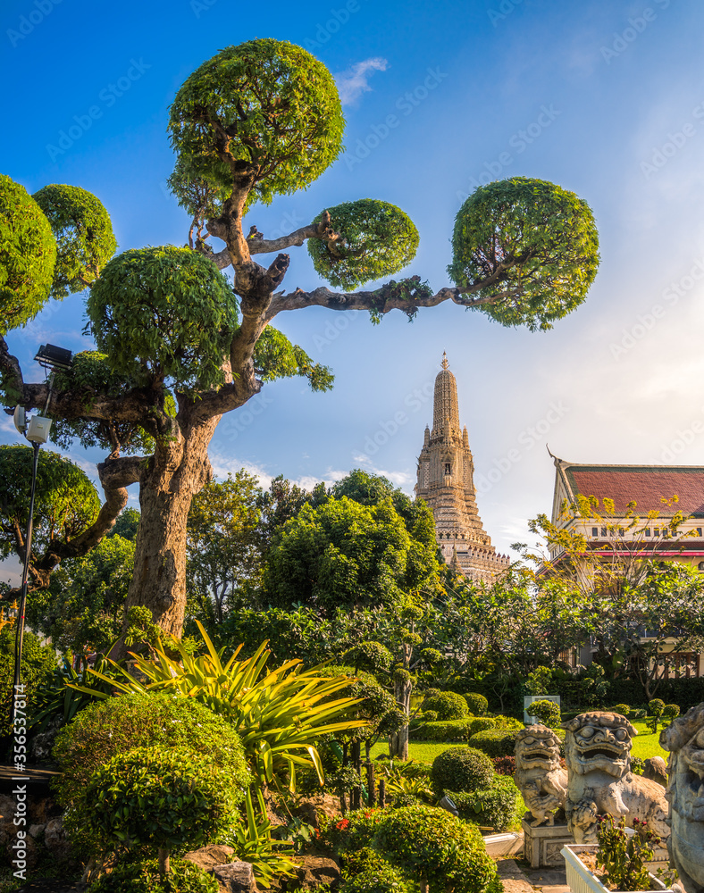 Garden of Wat Arun or Temple of Dawn. A Beautiful Buddhist Temple and Landmark of Bangkok in Thailand