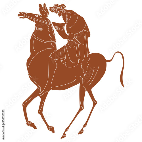 Ancient Greek god Dionysus holding rhyton of wine riding a horse. Monochrome silhouette. Vase painting style.