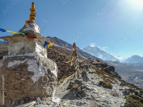 Amazing view in the Everest base camp trek with beautiful white stupa in Nepal