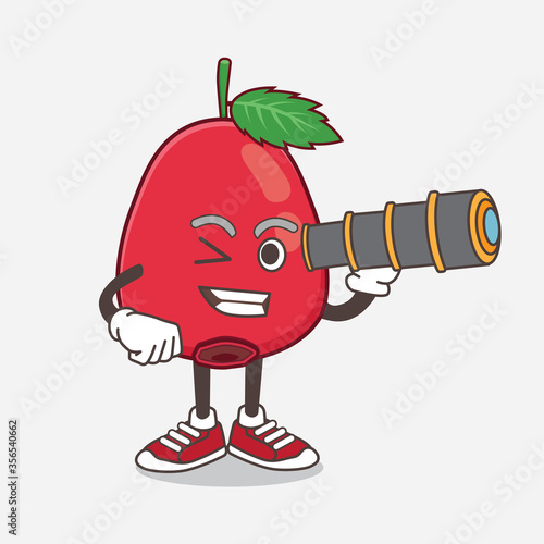 Rose Hip Fruit cartoon mascot character using a monocular