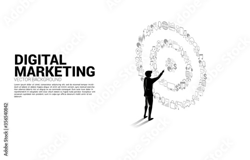 Silhouette businessman point at center of dartboard from marketing icon . Business Concept of marketing target and customer