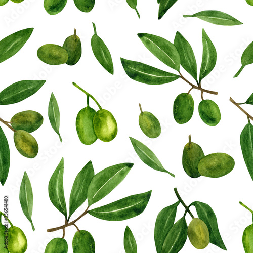 Olives seamless pattern with olive branches and fruits for Italian cuisine design or extra virgin oil food or cosmetic product packaging wrapper. Hand drawn Illustration in watercolor. © anntre