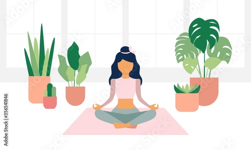 Woman meditating at home. The woman sitting in yoga posture and relaxing at home garden. Morning routine vector illustration in flat style.