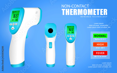 set of non contact thermometer or infrared thermometer gun or electronic temperature thermometer to measures degree concept. eps 10 vector, easy to modify
