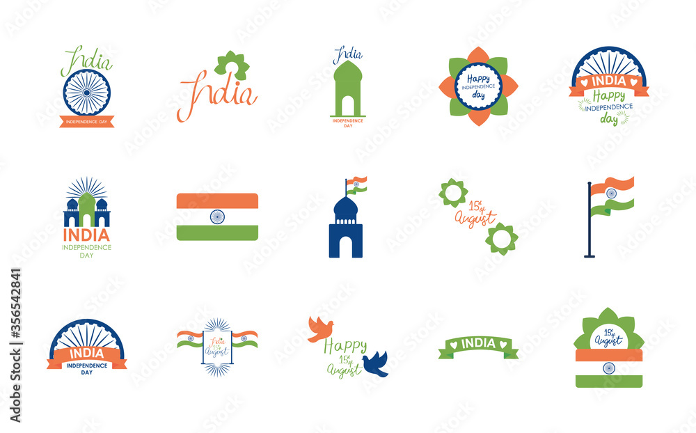 Fototapeta premium decorative flowers and India independence day icon set, flat style