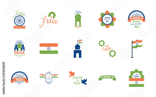 decorative flowers and India independence day icon set, flat style