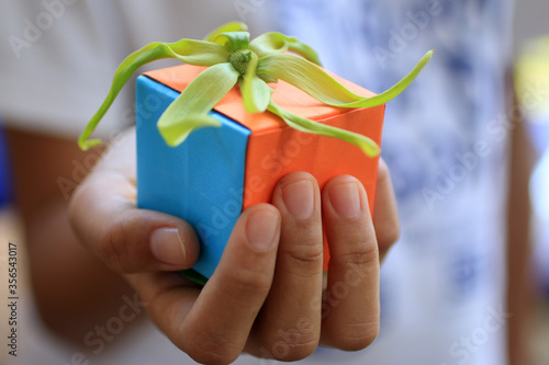 Young woman hand holding a colorful  small cute gift box with a green cananga odorata flower on it.   photo