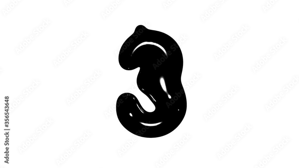 Animation of number 3 isolated on white background, black and white liquid gloppy style Animation of number 3 isolated on white background, black and white liquid gloppy style