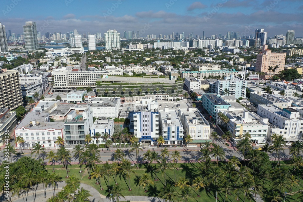 Aerial view of South Beach and Lummus Park in Miami Beach, Florida duing coronavirus beach, hotel, park and restaurant closures on sunny morning.