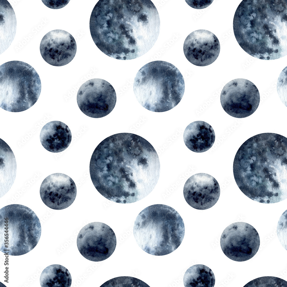 Obraz premium Hand drawn watercolor planets bubbles seamless pattern. Beautiful illustrations isolated on white background. Could be used for wallpapers, fabrics, textile and backgrounds.