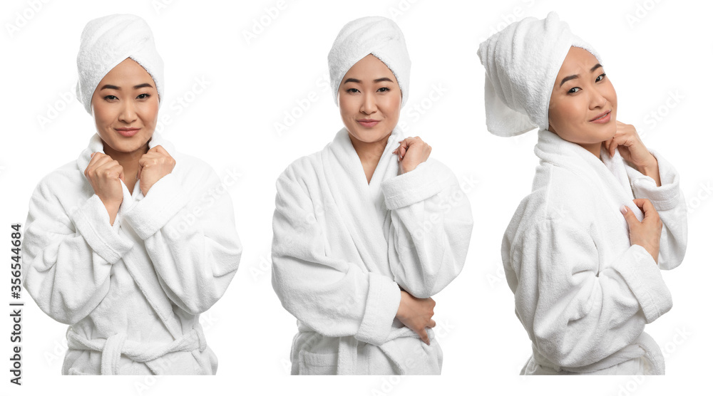 Beautiful woman with towel on white background, collage Beautiful woman with towel on white background, collage