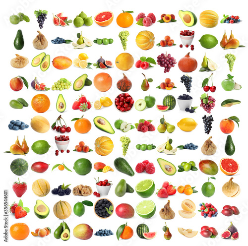 Set of fresh ripe fruits and berries on white background