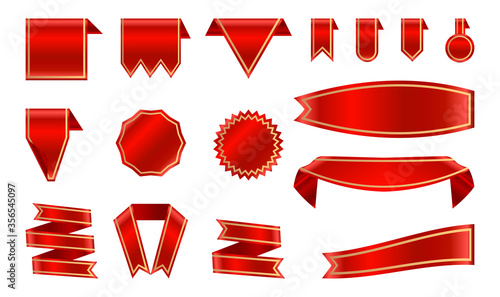Satin red ribbon and labels with gold frame set. Shiny foil backdrop banner. Blank template shape. Congratulation glass retro flag, tape for text, price tag, sale label. Isolated vector illustration