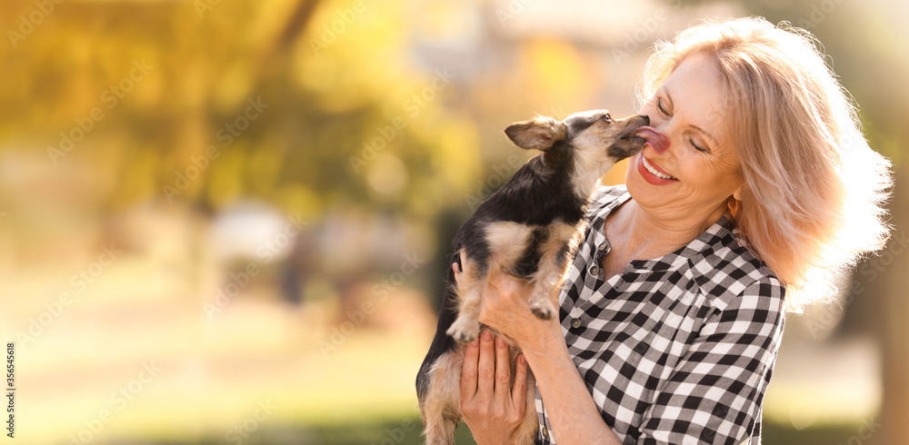 Beautiful mature woman with her cute pet in park, space for text. Banner design