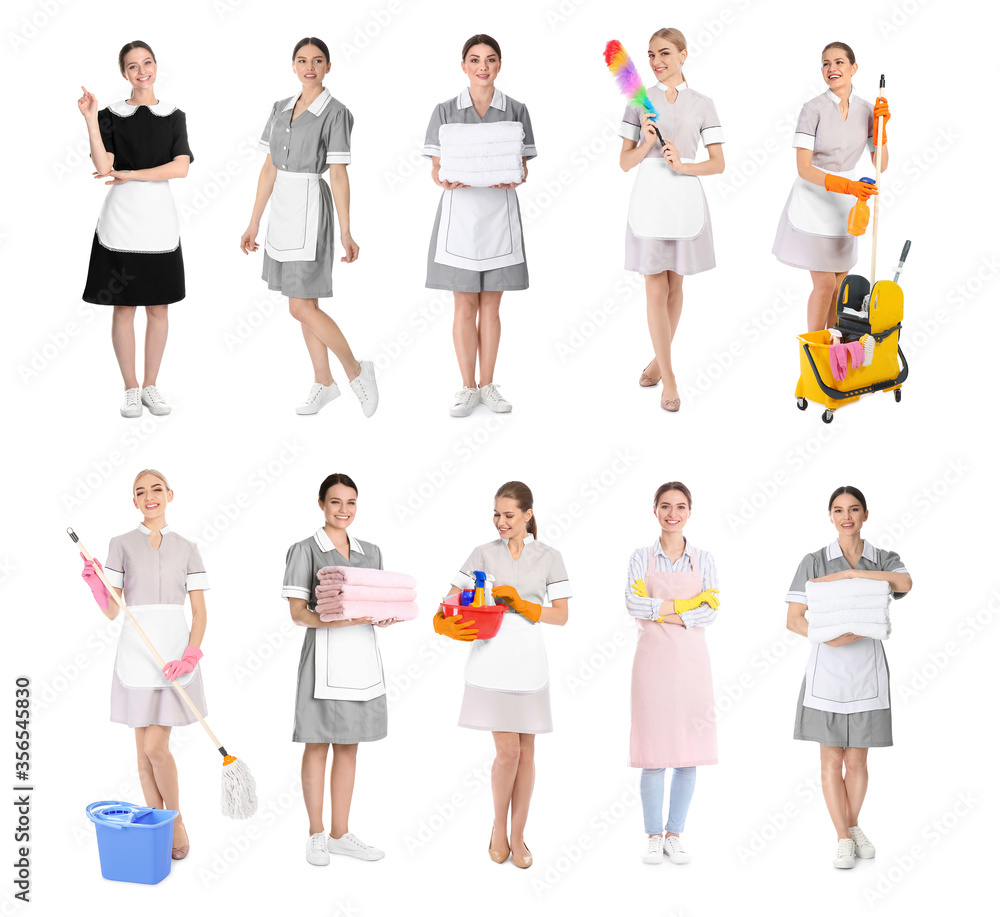 Collage with photos of chambermaids on white background Collage with photos of chambermaids on white background