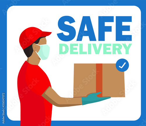 Man Delivering Package, Wears Mouthpiece and Gloves for Covid-19 Free Safe Delivery