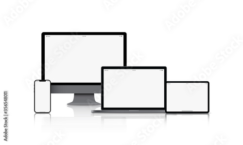 Mockup gadget device. smartphones, tablets, laptops and computer monitors black color with blank screen isolated on white background. Vector illustration eps10