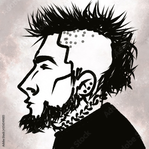 Creative portrait of young handsome bearded man punk In Profile