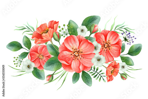 Watercolor hand painted bouquet with red rosehip, small summer flowers, leaves. Floral design for label, cover, sticker, wedding invitation, save the date, greeting. Isolated on white background. © LuckPicture