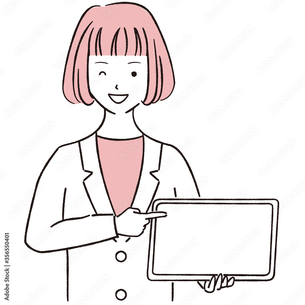 手描き1color 女性　タブレットを見せ指差しするビジネスウーマン
