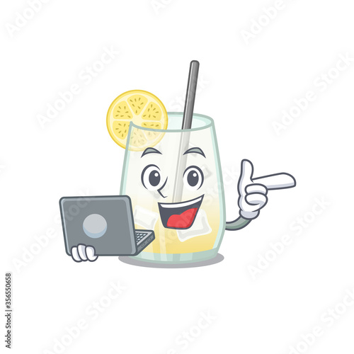Smart cartoon character of tom collins cocktail studying at home with a laptop
