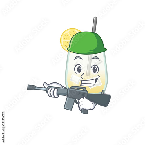 A cartoon picture of Army tom collins cocktail holding machine gun