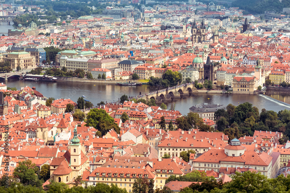 Aerial view of Charles Bridge over Vltava river and Old city. Prague, Czech Republic