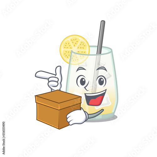 A cheerful tom collins cocktail cartoon design concept having a box