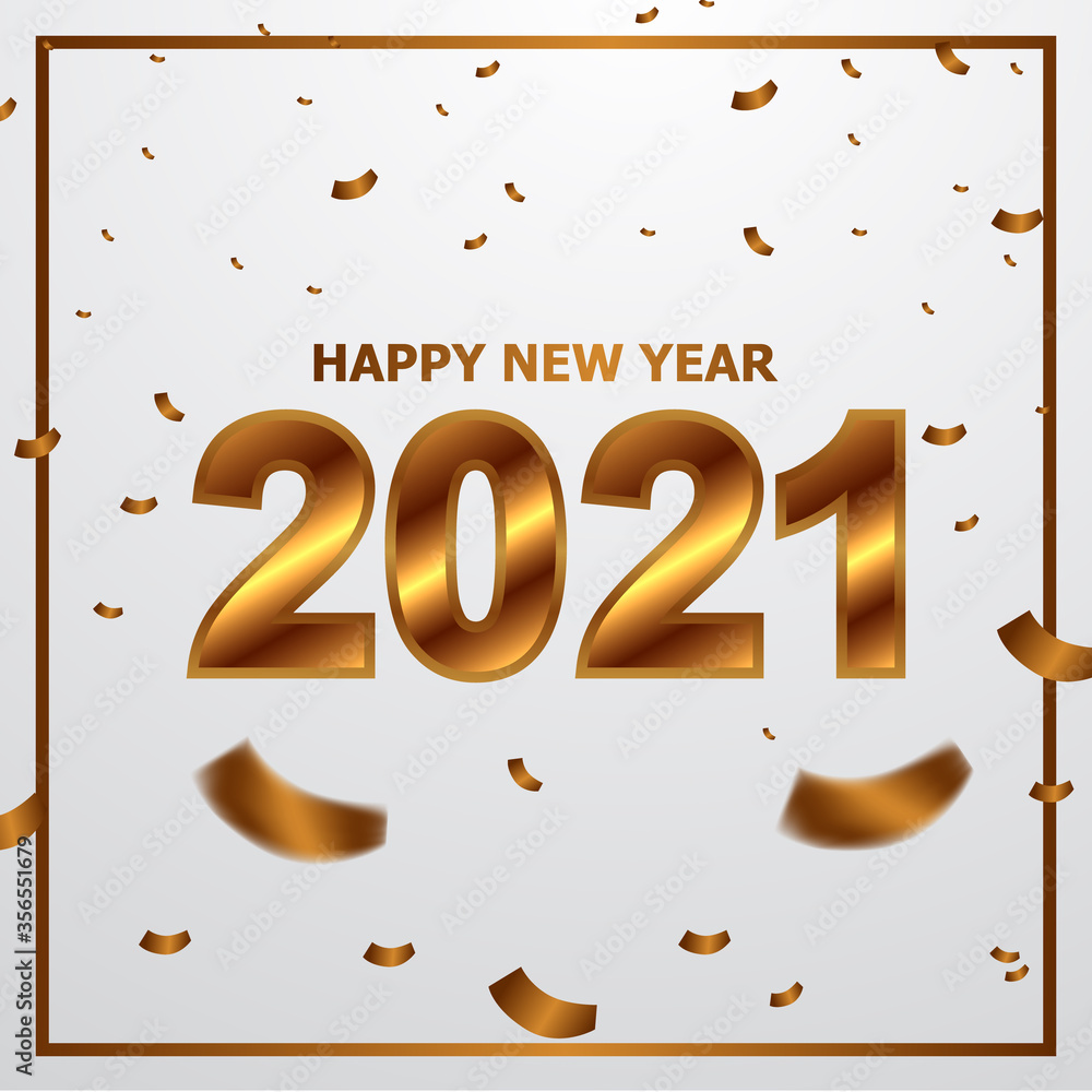 happy new year 2021 and celebrate with golden metal text and flying confetti. happy new year 2021 and celebrate with golden metal text and flying confetti.