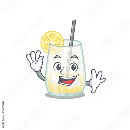 A charming tom collins cocktail mascot design style smiling and waving hand