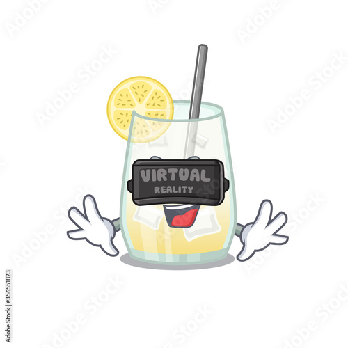 A cartoon image of tom collins cocktail using modern Virtual Reality headset