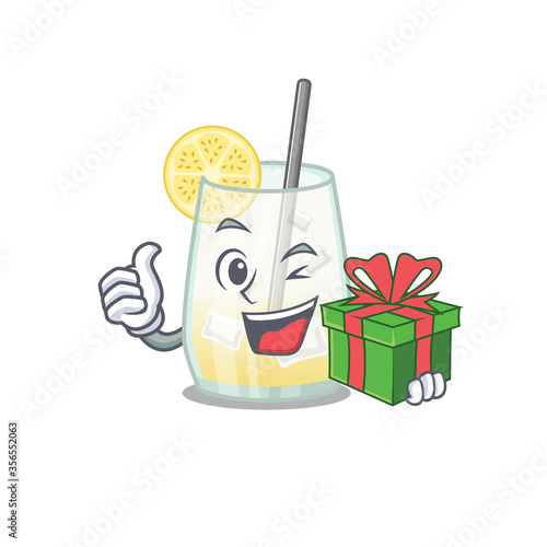 joyful tom collins cocktail cartoon character with a big gift box