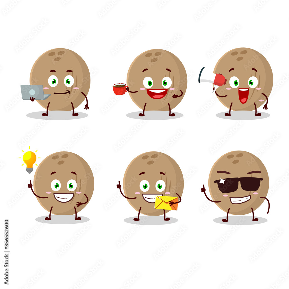 Brown coconut cartoon character with various types of business emoticons