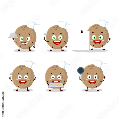 Cartoon character of brown coconut with various chef emoticons