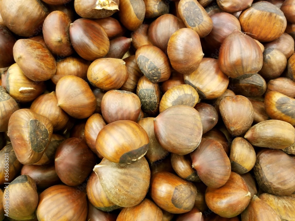 A pile of raw and fresh brown chestnuts