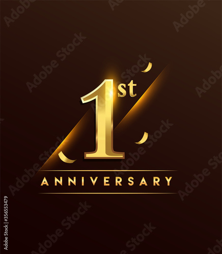 1st anniversary glowing logotype with confetti golden colored isolated on dark background, vector design for greeting card and invitation card.