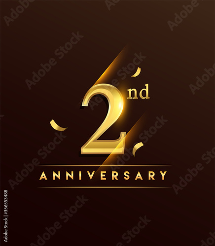 2nd anniversary glowing logotype with confetti golden colored isolated on dark background, vector design for greeting card and invitation card.