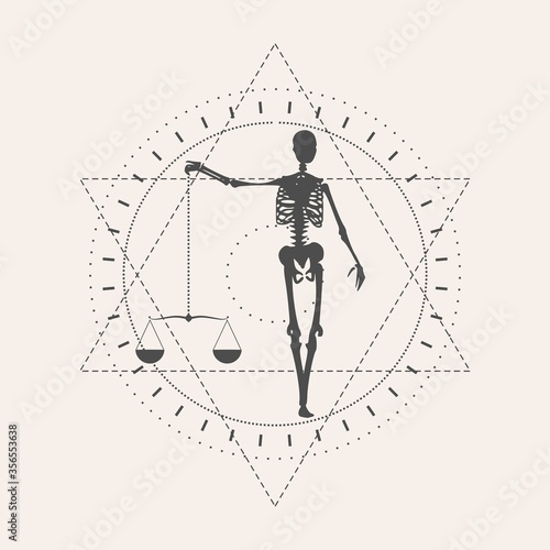 Mystery, witchcraft, occult and alchemy tattoo sign. Mystical vintage gothic geometry thin lines symbol with silhouette of a human skeleton and scales