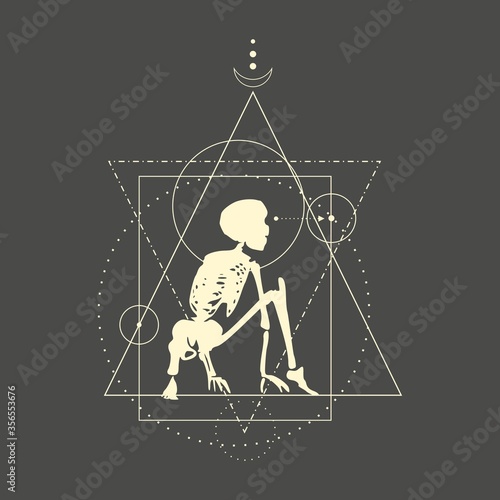 Mystery, witchcraft, occult and alchemy tattoo sign. Mystical vintage gothic geometry thin lines symbol with silhouette of a human skeleton