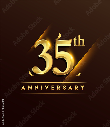 35th anniversary glowing logotype with confetti golden colored isolated on dark background, vector design for greeting card and invitation card.